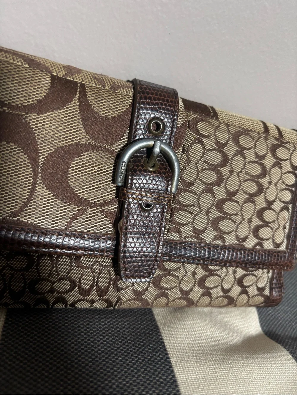 Coach Brown Signature Canvas Wallet with Buckle Detail